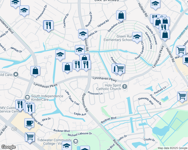 map of restaurants, bars, coffee shops, grocery stores, and more near 1496 Lynnhaven Parkway in Virginia Beach