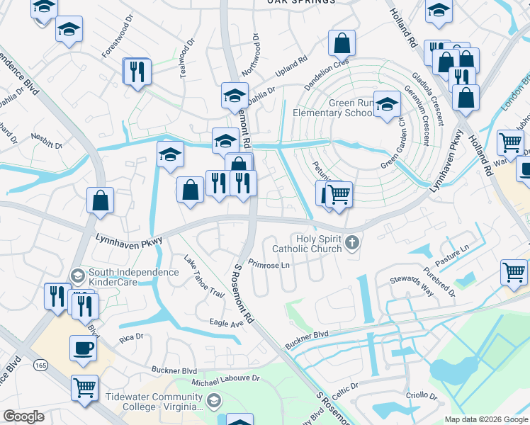 map of restaurants, bars, coffee shops, grocery stores, and more near 1496 Lynnhaven Parkway in Virginia Beach