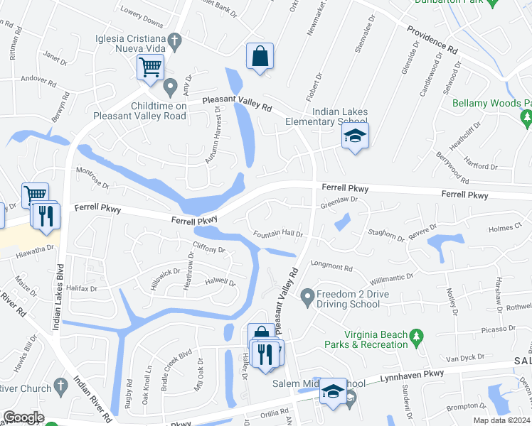 map of restaurants, bars, coffee shops, grocery stores, and more near 1317 Faraid Lane in Virginia Beach