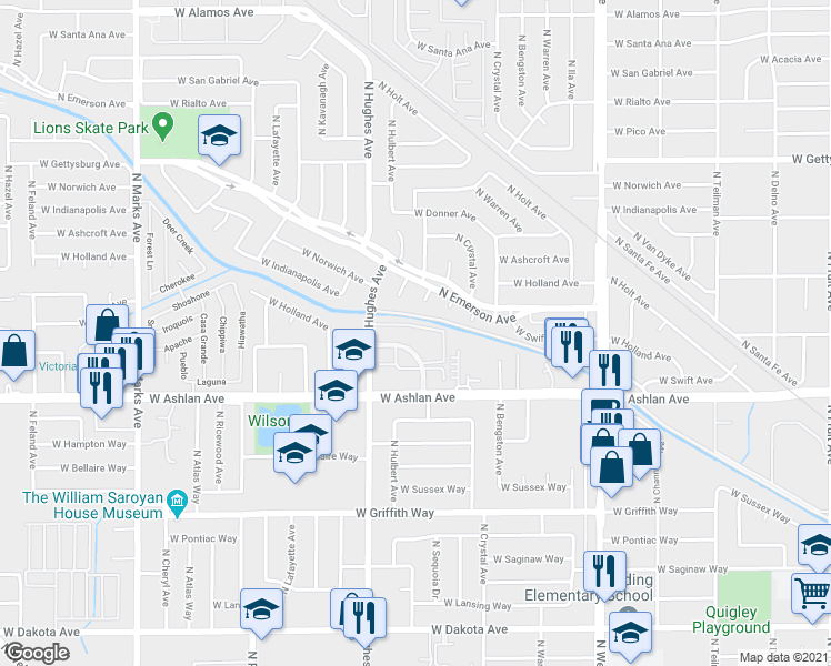 map of restaurants, bars, coffee shops, grocery stores, and more near 4294 North Hughes Avenue in Fresno