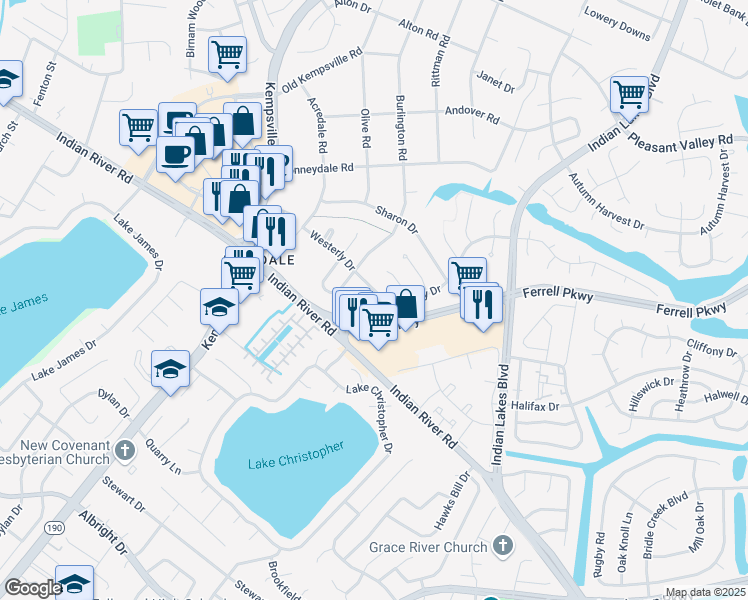 map of restaurants, bars, coffee shops, grocery stores, and more near 5183 Westerly Drive in Virginia Beach
