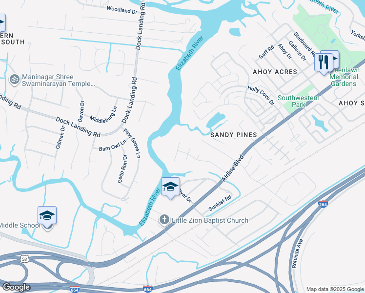 map of restaurants, bars, coffee shops, grocery stores, and more near 4209 Quailshire Court in Chesapeake