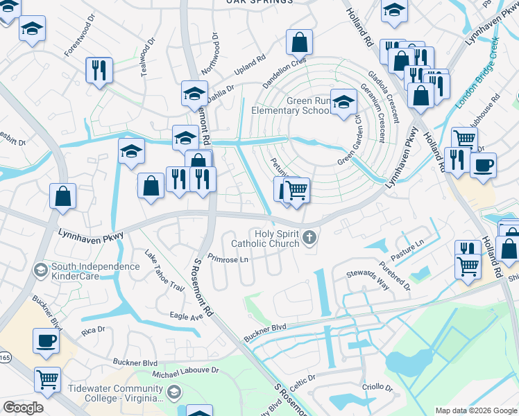 map of restaurants, bars, coffee shops, grocery stores, and more near 1424 Planting Court in Virginia Beach