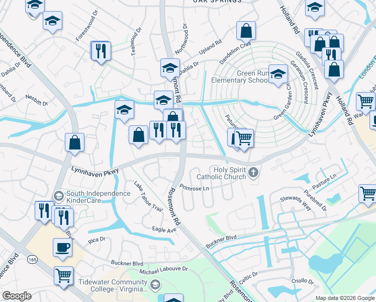 map of restaurants, bars, coffee shops, grocery stores, and more near 3529 Sierra Arch in Virginia Beach