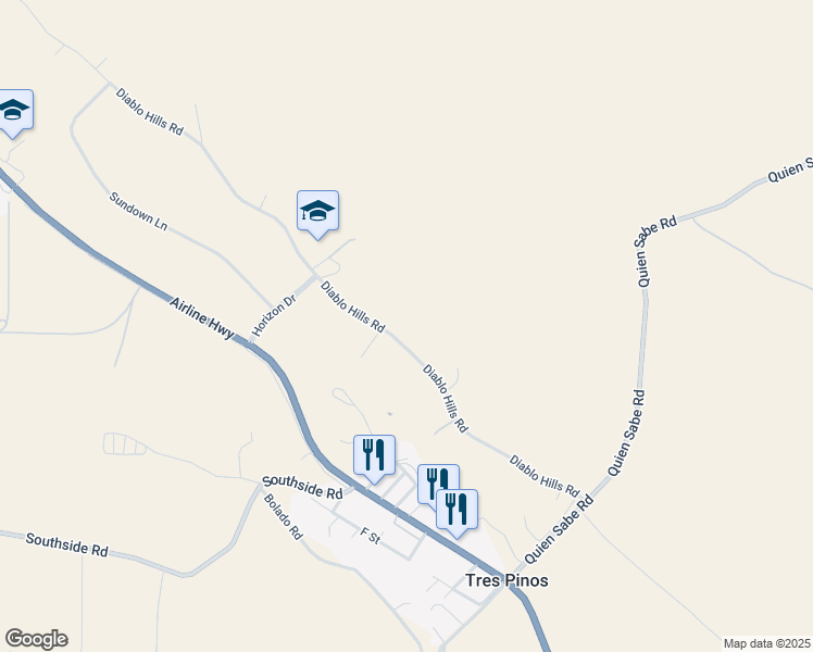map of restaurants, bars, coffee shops, grocery stores, and more near 5955 Diablo Hills Road in Tres Pinos