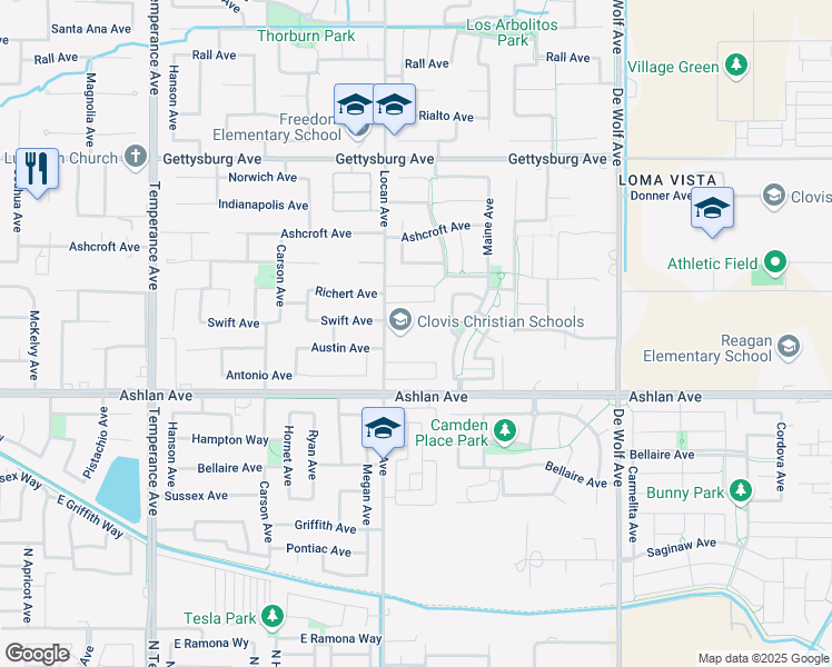 map of restaurants, bars, coffee shops, grocery stores, and more near 3076 Swift Lane in Clovis
