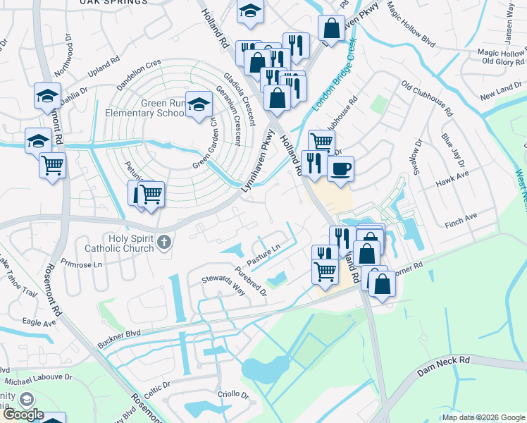 map of restaurants, bars, coffee shops, grocery stores, and more near 1245 Green Cedar Lane in Virginia Beach