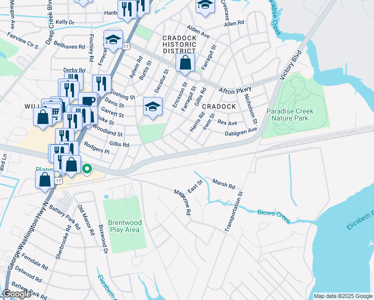 map of restaurants, bars, coffee shops, grocery stores, and more near 1420 Victory Boulevard in Portsmouth