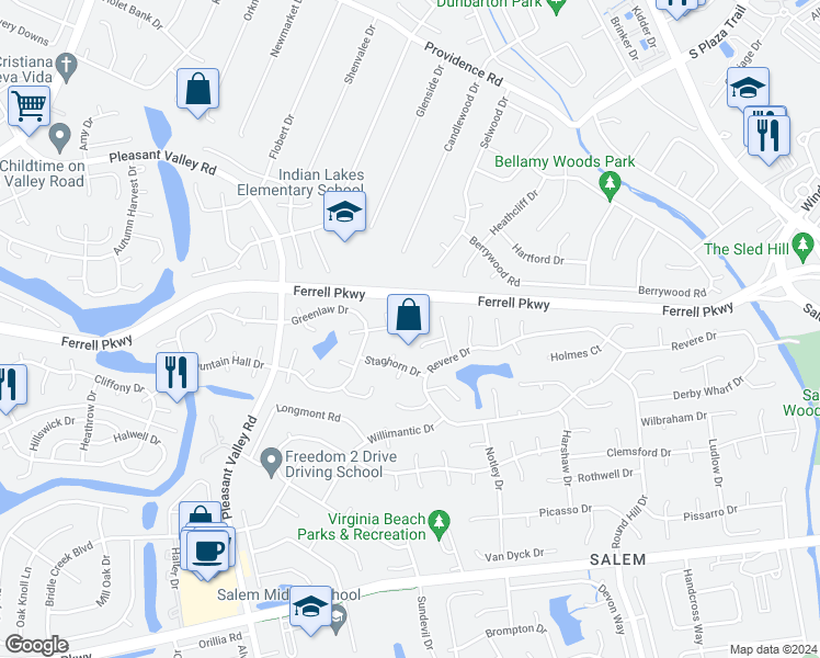 map of restaurants, bars, coffee shops, grocery stores, and more near 4621 Glencoe Lane in Virginia Beach