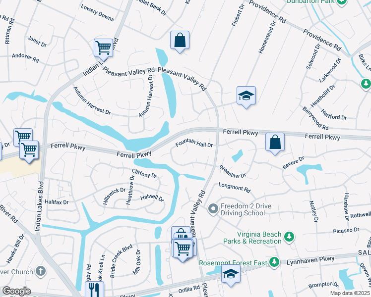 map of restaurants, bars, coffee shops, grocery stores, and more near 1321 Faraid Lane in Virginia Beach