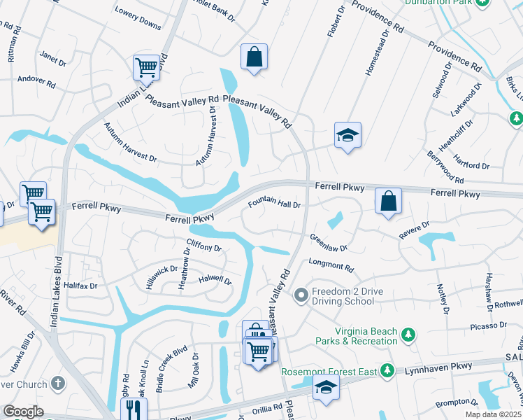 map of restaurants, bars, coffee shops, grocery stores, and more near 1321 Faraid Lane in Virginia Beach