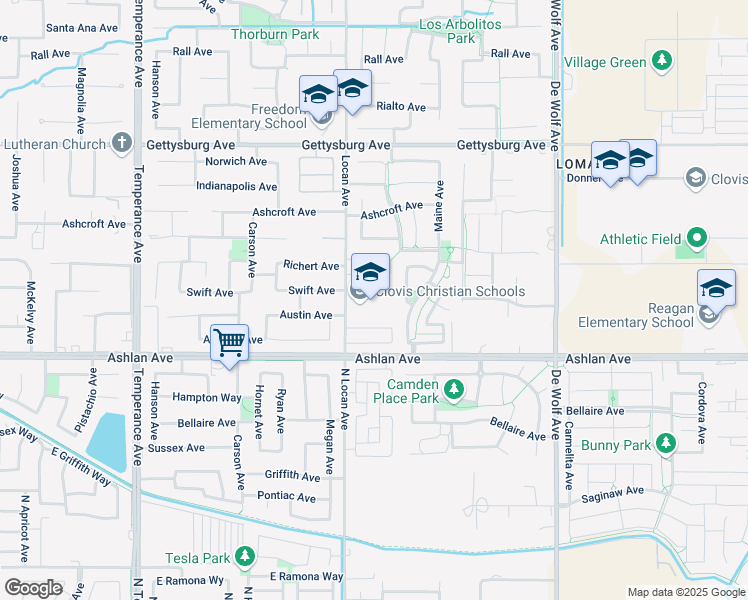 map of restaurants, bars, coffee shops, grocery stores, and more near 3076 Swift Lane in Clovis