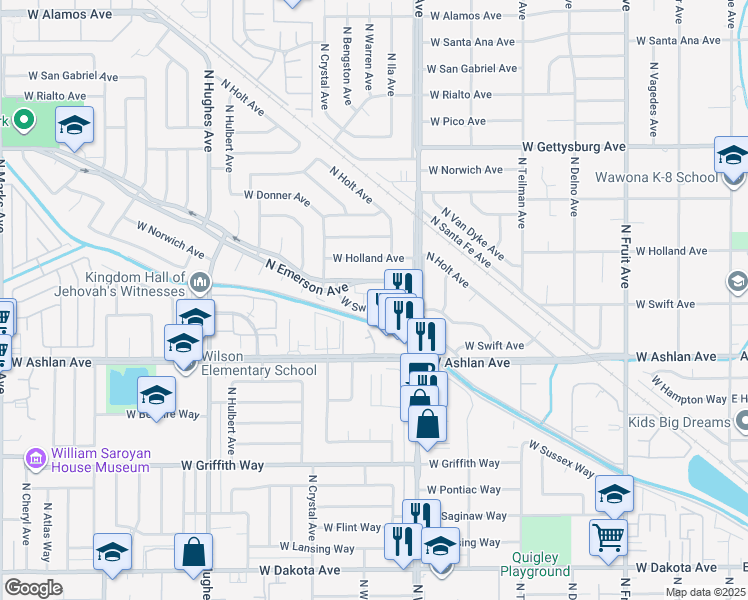 map of restaurants, bars, coffee shops, grocery stores, and more near 4320 North Emerson Avenue in Fresno