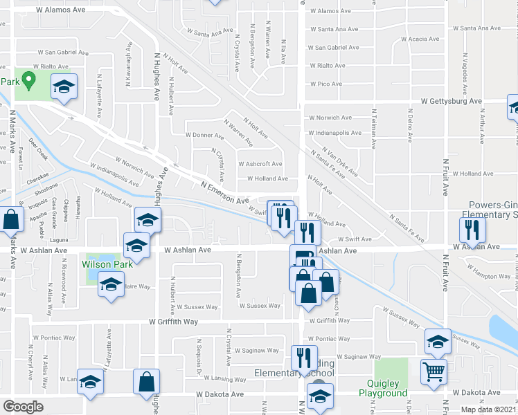map of restaurants, bars, coffee shops, grocery stores, and more near 4320 North Emerson Avenue in Fresno