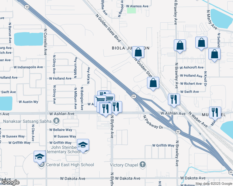 map of restaurants, bars, coffee shops, grocery stores, and more near 4131 North Blythe Avenue in Fresno