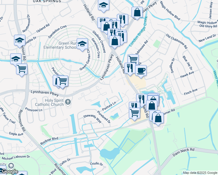 map of restaurants, bars, coffee shops, grocery stores, and more near 1245 Green Cedar Lane in Virginia Beach