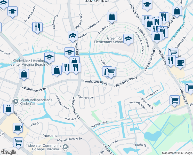 map of restaurants, bars, coffee shops, grocery stores, and more near 1386 Sierra Drive in Virginia Beach