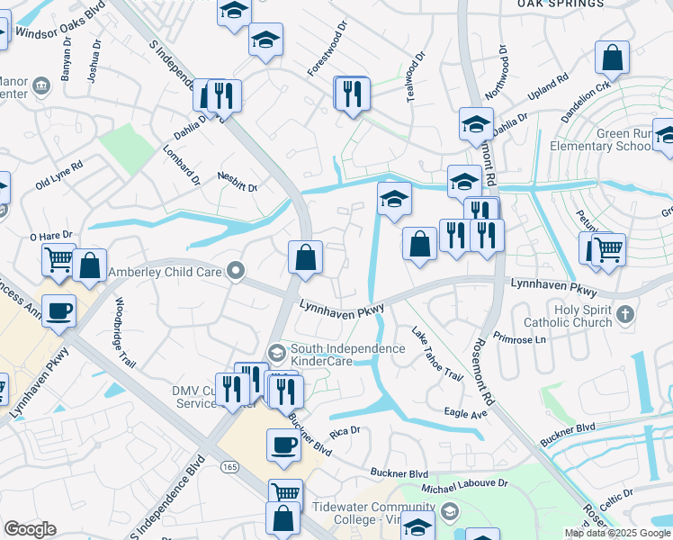 map of restaurants, bars, coffee shops, grocery stores, and more near 1484 Drawbridge Circle in Virginia Beach
