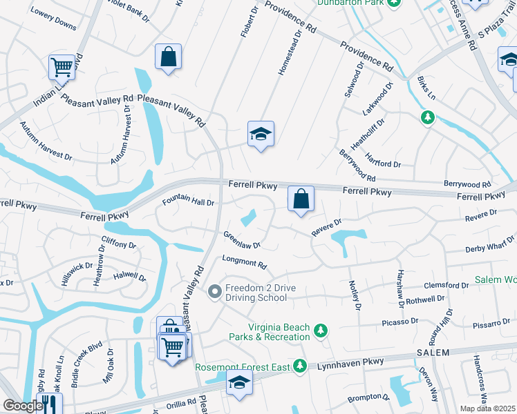 map of restaurants, bars, coffee shops, grocery stores, and more near 4732 Greenlaw Drive in Virginia Beach