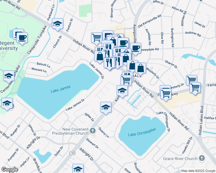 map of restaurants, bars, coffee shops, grocery stores, and more near 5348 Canterford Lane in Virginia Beach