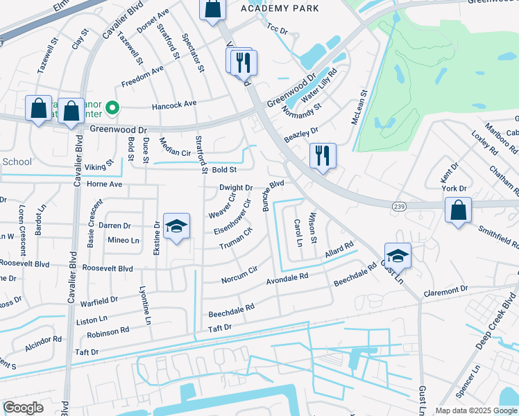 map of restaurants, bars, coffee shops, grocery stores, and more near 516 Bunche Boulevard in Portsmouth