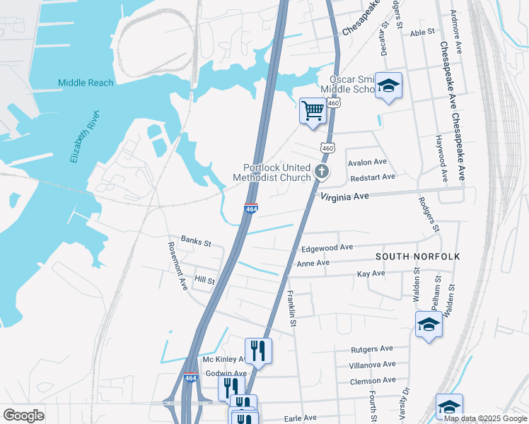map of restaurants, bars, coffee shops, grocery stores, and more near 915 Rowland Avenue in Chesapeake