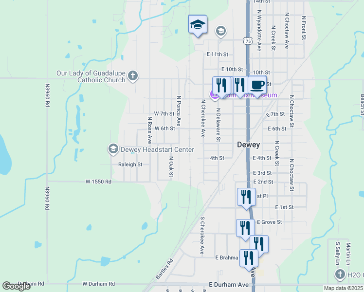 map of restaurants, bars, coffee shops, grocery stores, and more near 504 North Ponca Avenue in Dewey