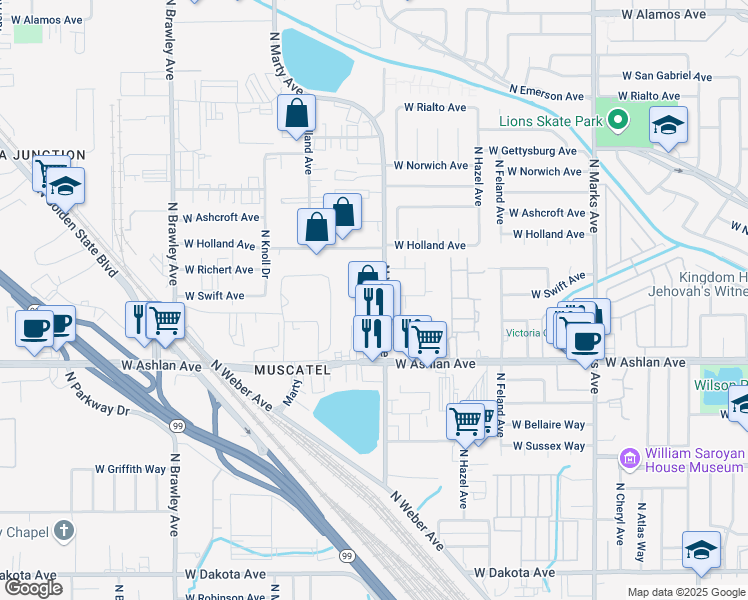 map of restaurants, bars, coffee shops, grocery stores, and more near 4139 North Valentine Avenue in Fresno