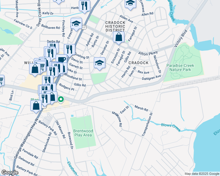 map of restaurants, bars, coffee shops, grocery stores, and more near 13 Vail Place in Portsmouth