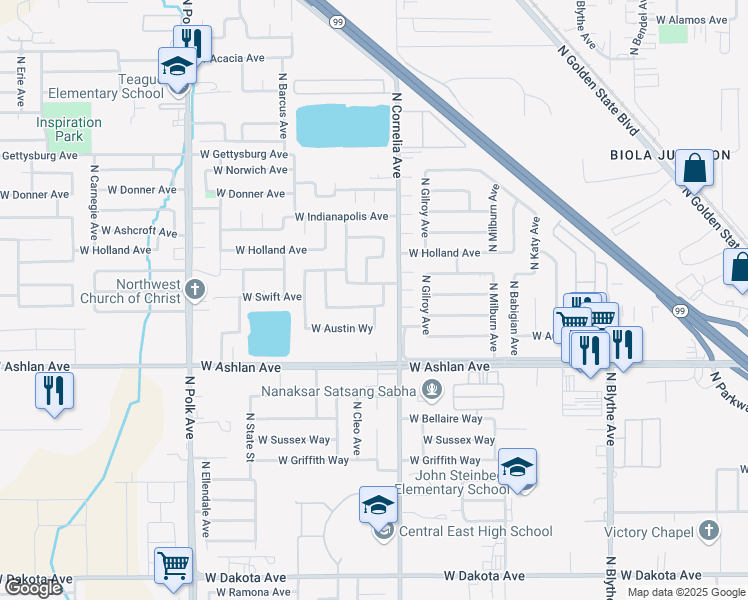 map of restaurants, bars, coffee shops, grocery stores, and more near 5050 West Willis Avenue in Fresno