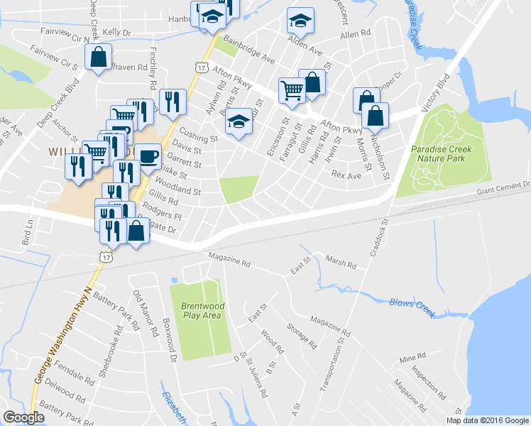 map of restaurants, bars, coffee shops, grocery stores, and more near 13 Vail Place in Portsmouth