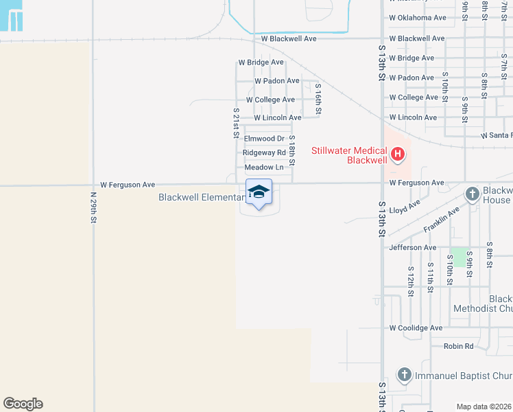 map of restaurants, bars, coffee shops, grocery stores, and more near 2105 West Ferguson Avenue in Blackwell