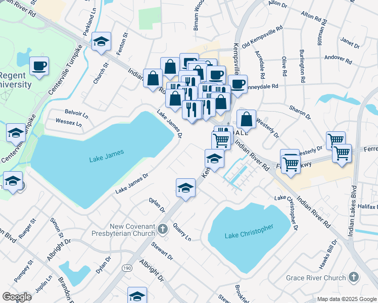 map of restaurants, bars, coffee shops, grocery stores, and more near 5348 Canterford Lane in Virginia Beach
