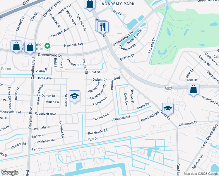map of restaurants, bars, coffee shops, grocery stores, and more near 516 Bunche Boulevard in Portsmouth