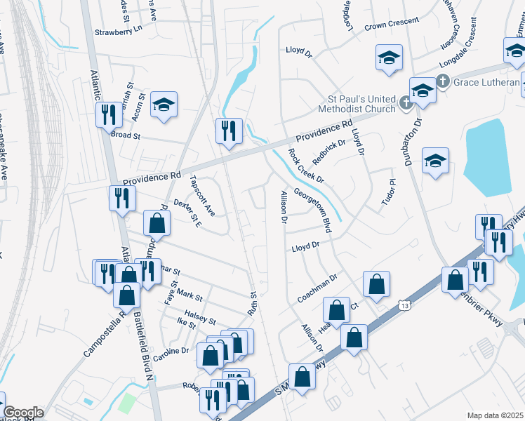 map of restaurants, bars, coffee shops, grocery stores, and more near 2224 Holly Berry Lane in Chesapeake