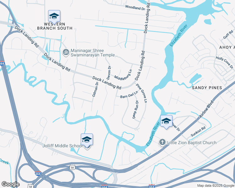 map of restaurants, bars, coffee shops, grocery stores, and more near 1543 Burrowin Drive in Chesapeake