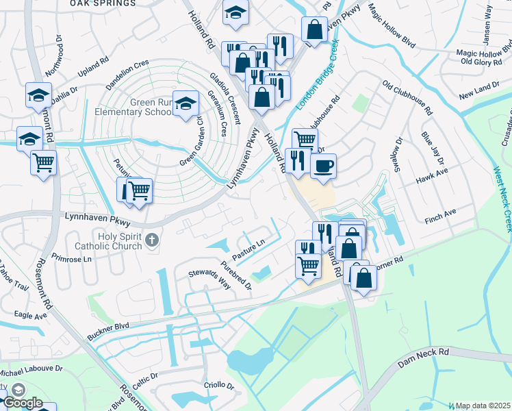 map of restaurants, bars, coffee shops, grocery stores, and more near 1348 Green Cedar Lane in Virginia Beach