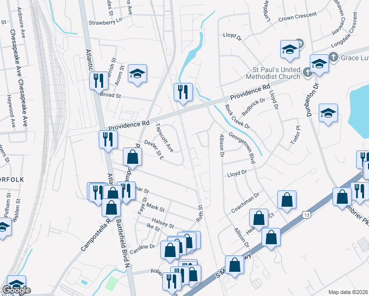 map of restaurants, bars, coffee shops, grocery stores, and more near 2721 Estella Drive in Chesapeake