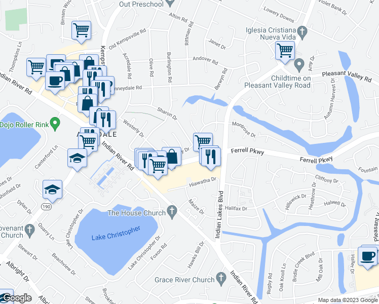 map of restaurants, bars, coffee shops, grocery stores, and more near 5143 Westerly Drive in Virginia Beach