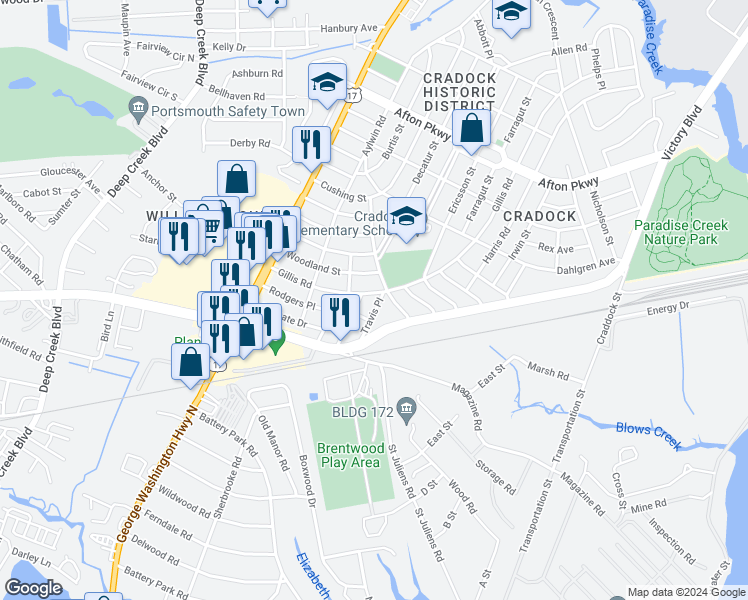 map of restaurants, bars, coffee shops, grocery stores, and more near 142 Gillis Road in Portsmouth