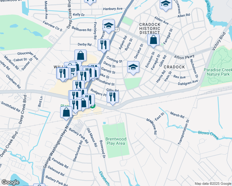 map of restaurants, bars, coffee shops, grocery stores, and more near 30 Woodland Street in Portsmouth