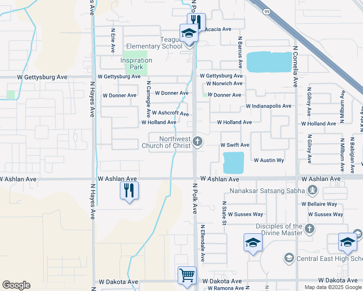 map of restaurants, bars, coffee shops, grocery stores, and more near 5545 West Richert Avenue in Fresno