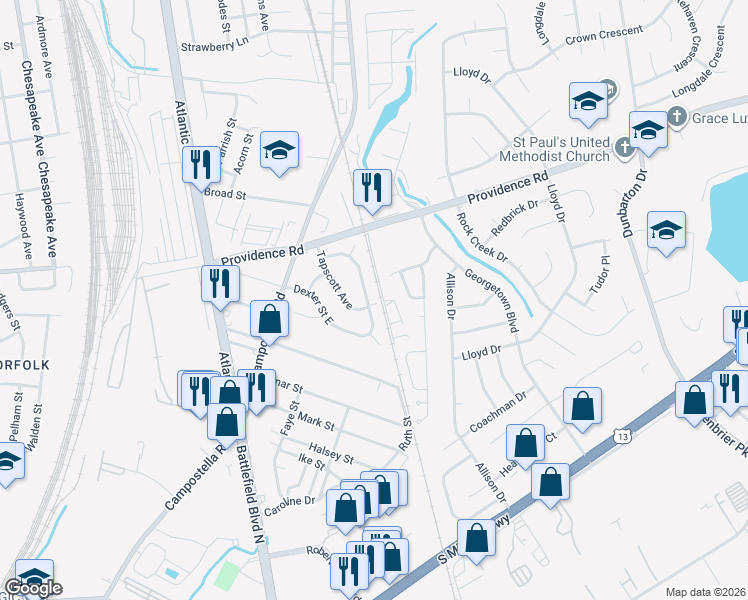 map of restaurants, bars, coffee shops, grocery stores, and more near 2721 Estella Drive in Chesapeake