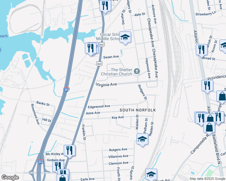 map of restaurants, bars, coffee shops, grocery stores, and more near 1120 Virginia Avenue in Chesapeake