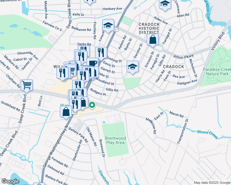 map of restaurants, bars, coffee shops, grocery stores, and more near 30 Woodland Street in Portsmouth