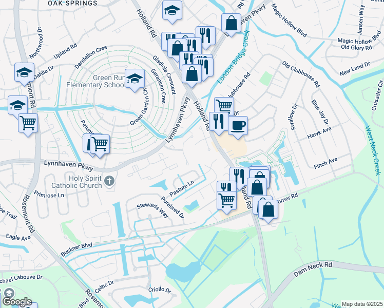 map of restaurants, bars, coffee shops, grocery stores, and more near 1245 Green Cedar Lane in Virginia Beach