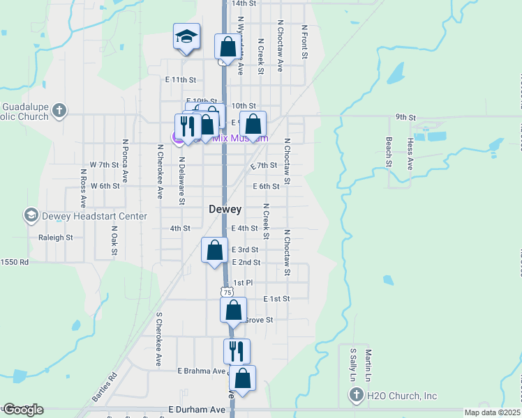 map of restaurants, bars, coffee shops, grocery stores, and more near 622 East 5th Street in Dewey