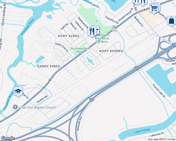 map of restaurants, bars, coffee shops, grocery stores, and more near 4010 River Breeze Circle in Chesapeake