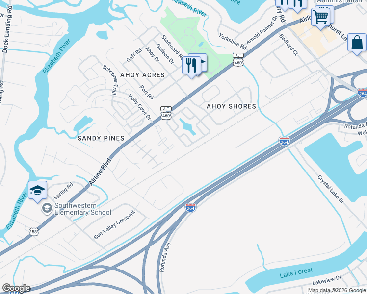 map of restaurants, bars, coffee shops, grocery stores, and more near 4010 River Breeze Circle in Chesapeake