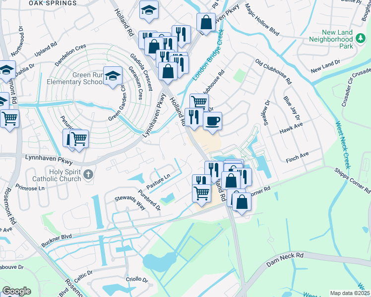 map of restaurants, bars, coffee shops, grocery stores, and more near 1365 White Birch Lane in Virginia Beach